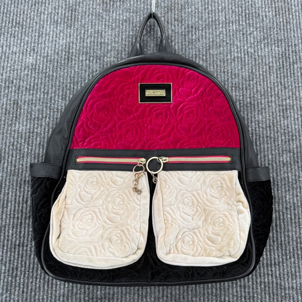 Betsey Johnson Rose Quilted Velvet Backpack Black Pink Cream Floral Lining